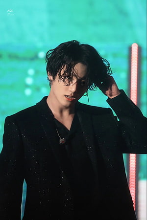 Jungkook in a Sparkling Black Suit with Wet Hair on Stage HD phone wallpaper