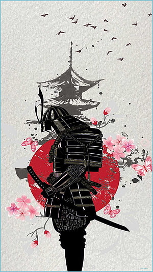 Samurai Warrior in Full Armor with Katana, Pagoda, and Cherry Blossoms HD phone wallpaper