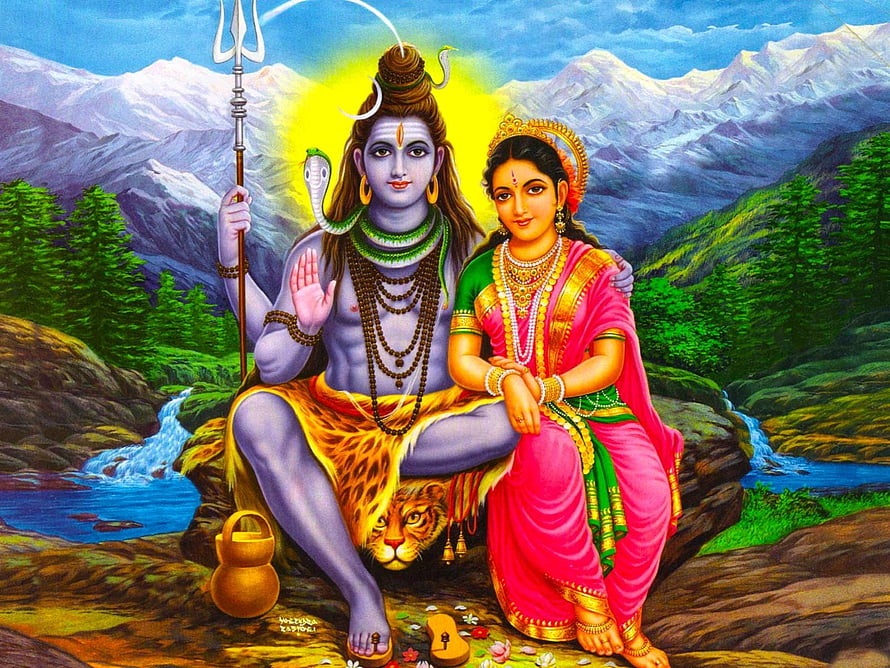 Shiva and Parvati Seated on Tiger Skin in Himalayan Landscape HD wallpaper