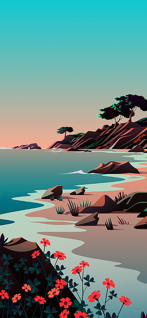 Stylized Coastal Landscape with Red Flowers and Rocky Shoreline at Sunset HD phone wallpaper