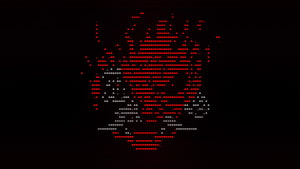 Cyberpunk 2077 ASCII Art Skull Rendered in Glowing Red and White Terminal Characters HD wallpaper