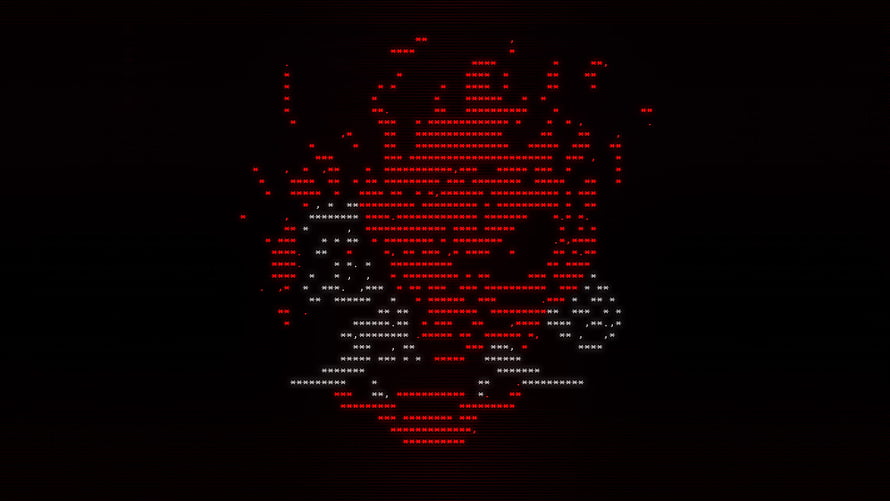 Cyberpunk 2077 ASCII Art Skull Rendered in Glowing Red and White Terminal Characters HD wallpaper