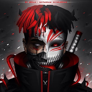 Obito Uchiha and XXXTentacion Fusion Portrait with Half-Skull Face and Red Dreads HD phone wallpaper