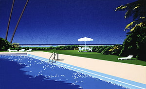 Hiroshi Nagai Tropical Poolside Scene with Palm Trees and Night Sky HD wallpaper
