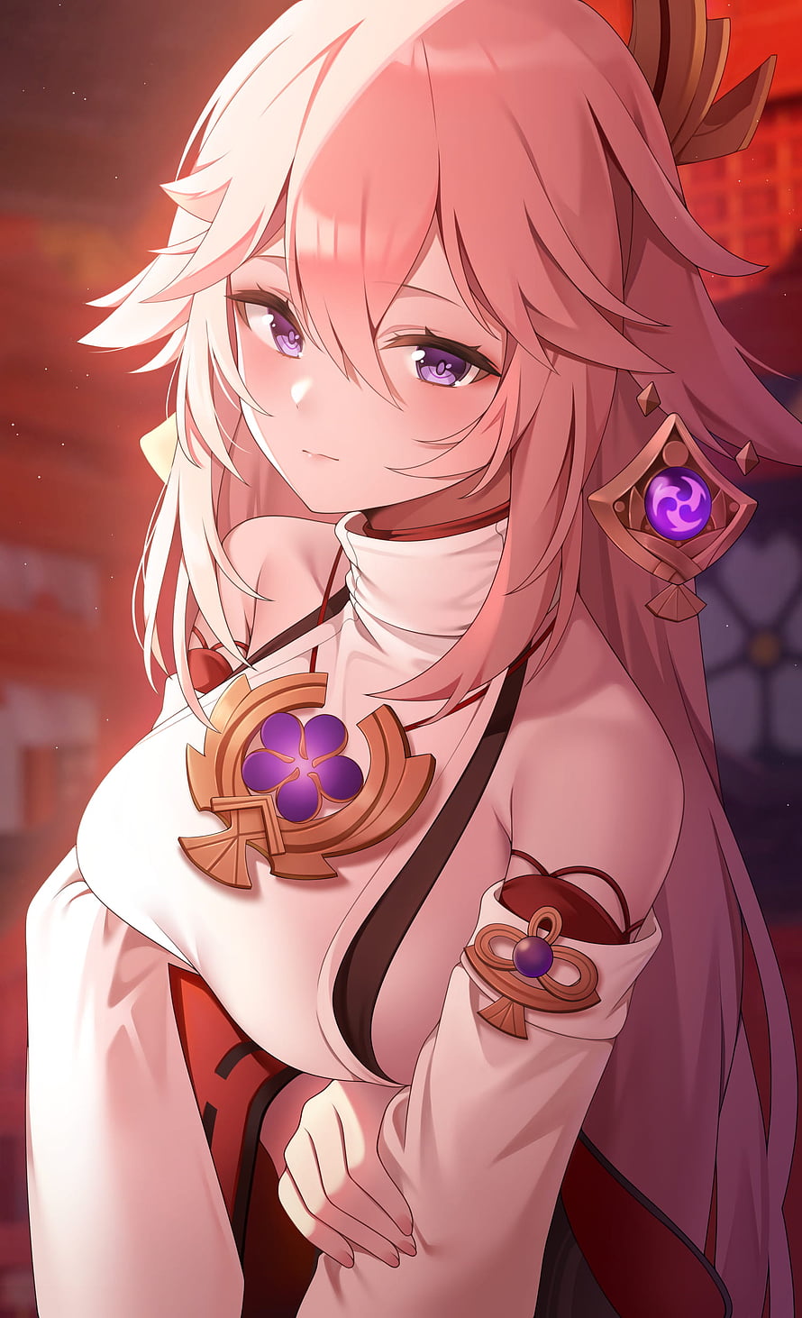 Yae Miko Anime Character Portrait with Purple Eyes and Ornate Gold Jewelry HD phone wallpaper