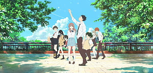 A Silent Voice Anime Group Walking on a Sunny Bridge HD wallpaper