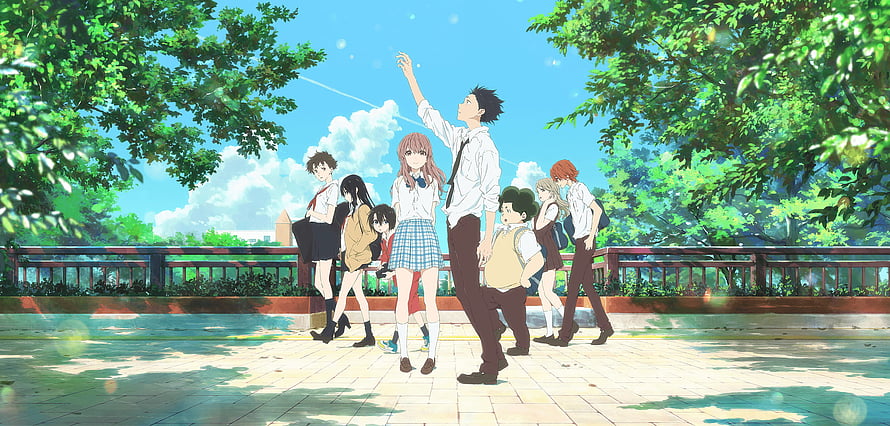 A Silent Voice Anime Group Walking on a Sunny Bridge HD wallpaper