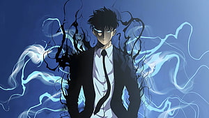 Solo Leveling Anime Character with Glowing Eyes and Dark Energy Aura HD wallpaper