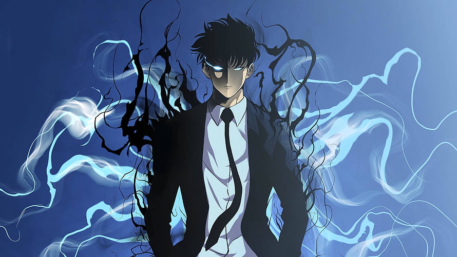 Solo Leveling Anime Character with Glowing Eyes and Dark Energy Aura HD wallpaper