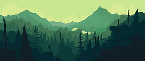Misty Green Mountain Valley with Pine Forest and Distant Cabin Silhouette HD wallpaper