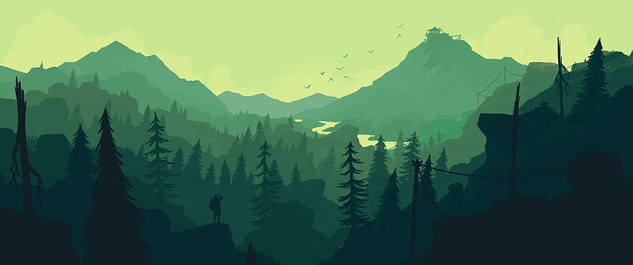Misty Green Mountain Valley with Pine Forest and Distant Cabin Silhouette HD wallpaper