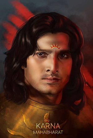 Karna Portrait from Mahabharat Digital Art with Golden Armor and Dramatic Red Lighting HD phone wallpaper