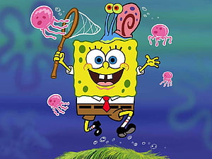 SpongeBob SquarePants and Gary the Snail Catching Pink Jellyfish in the Ocean HD wallpaper