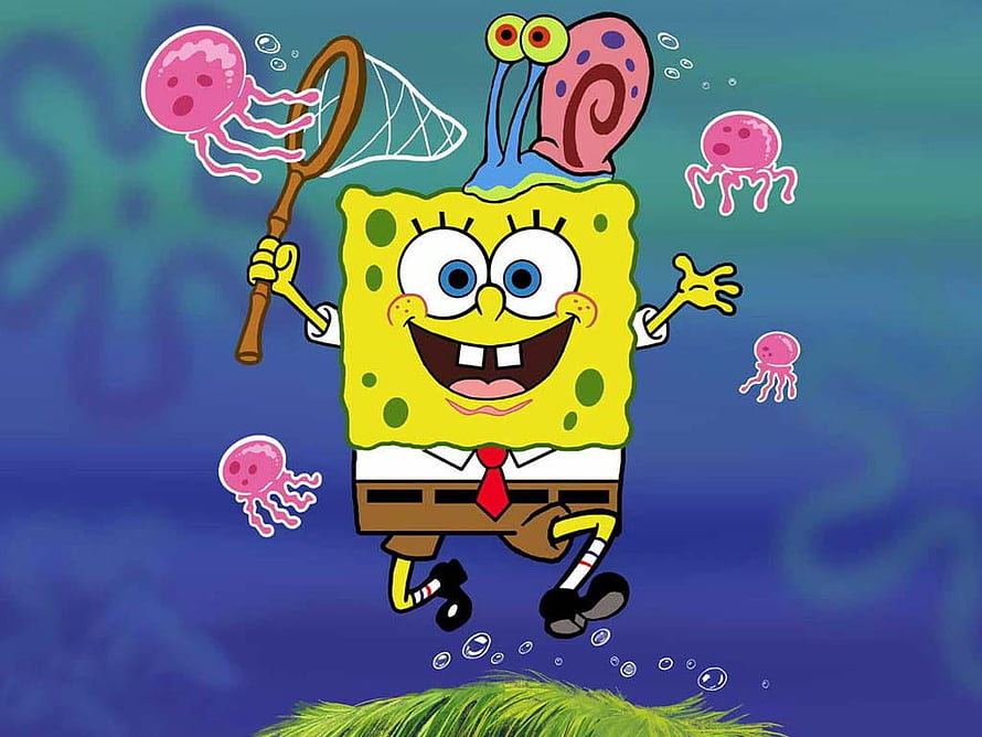 SpongeBob SquarePants and Gary the Snail Catching Pink Jellyfish in the Ocean HD wallpaper
