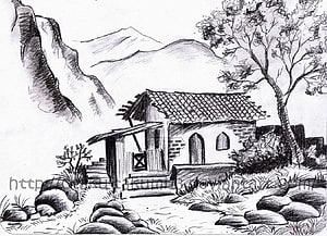 Rustic Mountain Cottage Pencil Sketch with Rocky Path and Trees HD wallpaper