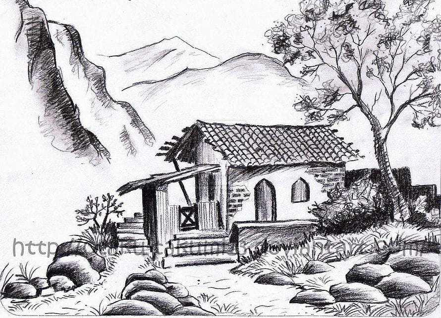 Rustic Mountain Cottage Pencil Sketch with Rocky Path and Trees HD wallpaper