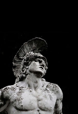 Black and White Classical Greek Sculpture of a Muscular Warrior with Helmet HD phone wallpaper