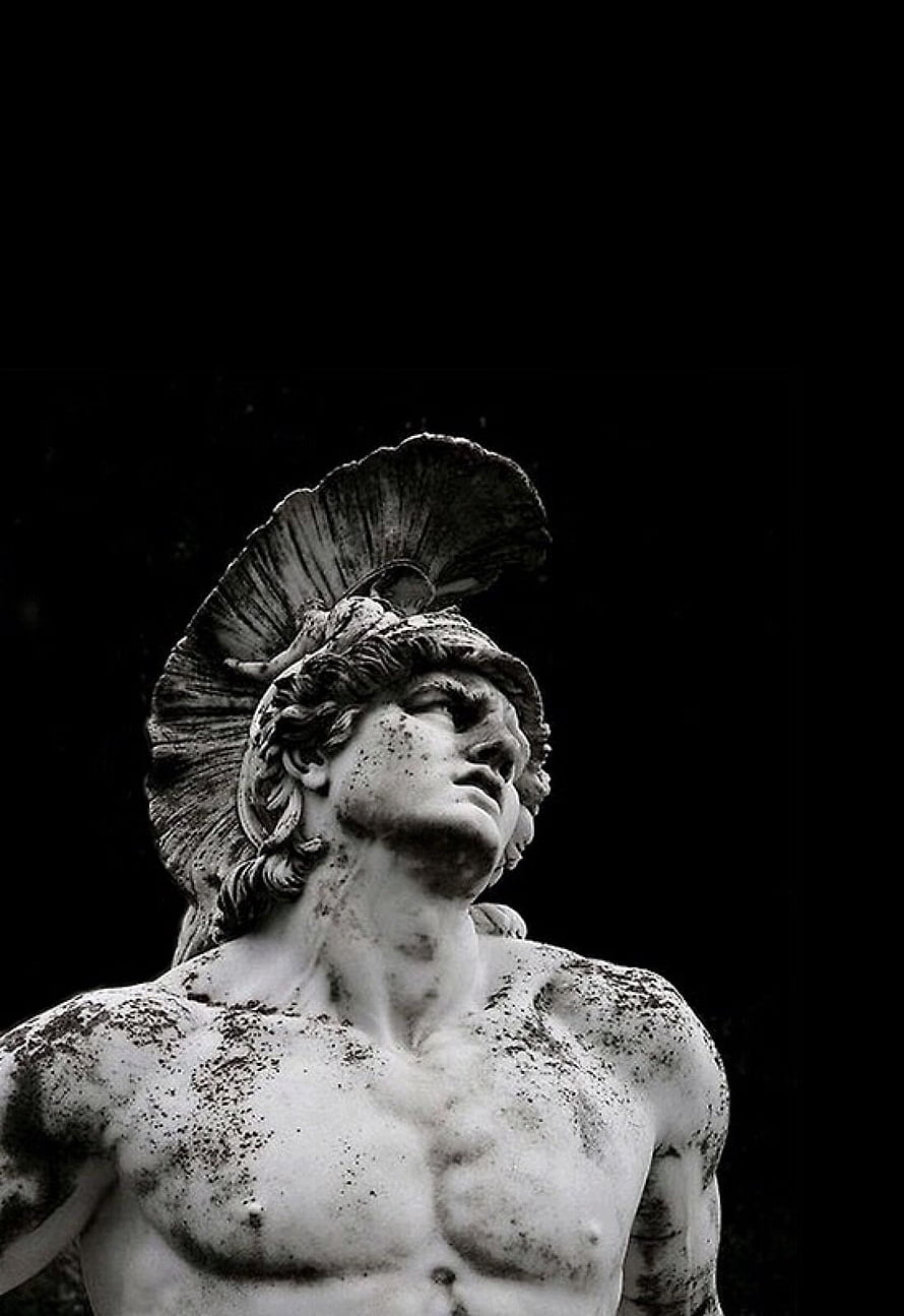 Black and White Classical Greek Sculpture of a Muscular Warrior with Helmet HD phone wallpaper