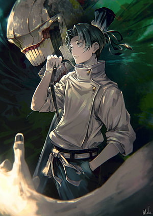 Yuta Okkotsu Carrying a Skull in a Dark Green Setting HD phone wallpaper