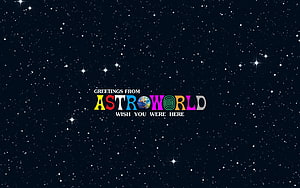 Astroworld Starry Night Sky with Colorful Logo and Greetings Text HD wallpaper