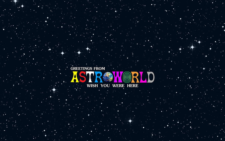 Astroworld Starry Night Sky with Colorful Logo and Greetings Text HD wallpaper