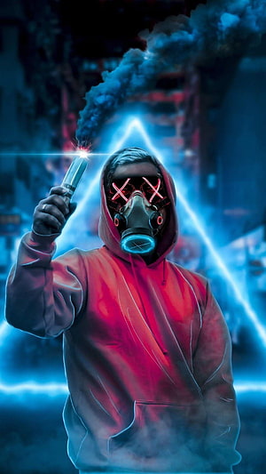 Cyberpunk Hacker in Red Hoodie and Gas Mask Holding a Lit Cigarette HD phone wallpaper