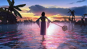 Yuna Standing in Shallow Water at Sunset in Final Fantasy X HD wallpaper
