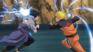 Naruto and Sasuke Clashing with Lightning and Rasengan in Epic Anime Battle HD wallpaper