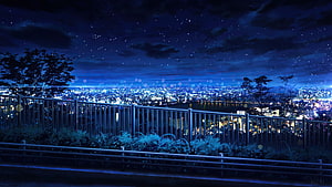 Starry Night Sky Over a Glowing Cityscape Viewed From an Elevated Balcony HD wallpaper