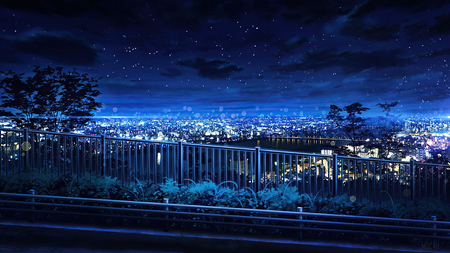 Starry Night Sky Over a Glowing Cityscape Viewed From an Elevated Balcony HD wallpaper