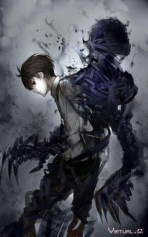 Dark Anime Boy with Red Eyes and Shadowy Wings in a Misty Atmosphere HD phone wallpaper