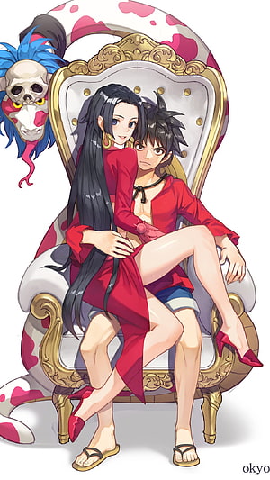 Boa Hancock and Luffy Sitting on an Ornate Throne in Red Attire HD phone wallpaper