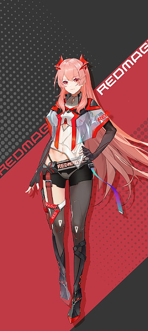 Red Magic Anime Girl Mascot in Futuristic Techwear with Pink Hair and Red Armor HD phone wallpaper