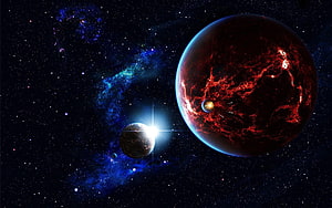 Vast Cosmic Scene Featuring Glowing Red Planet, Distant Star, and Deep Space Nebula HD wallpaper