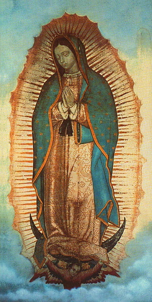 Virgin of Guadalupe religious icon with radiant halo and angelic figure HD phone wallpaper