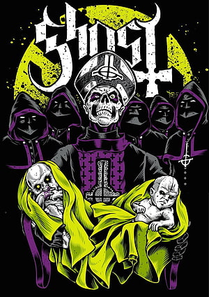 Ghost Band Logo Artwork Featuring Papa Emeritus and Nameless Ghouls in Purple and Yellow HD phone wallpaper