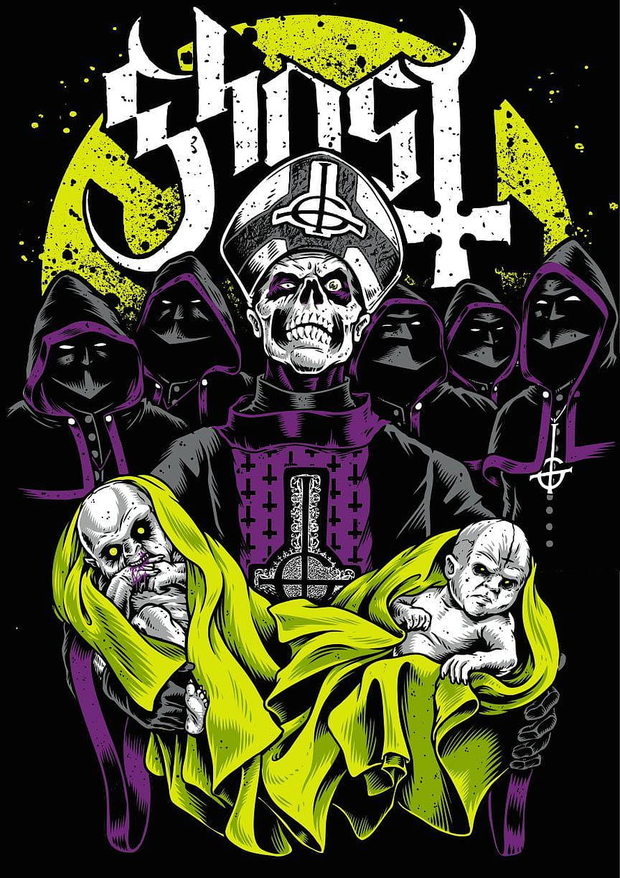 Ghost Band Logo Artwork Featuring Papa Emeritus and Nameless Ghouls in Purple and Yellow HD phone wallpaper