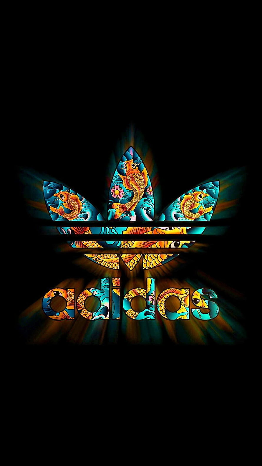 Adidas Trefoil Logo Filled With Vibrant Koi Fish And Floral Illustration On Black Background HD phone wallpaper