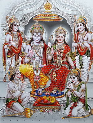 Ram Darbar with Lakshman, Sita, Hanuman, and Bharat in Traditional Indian Art HD phone wallpaper