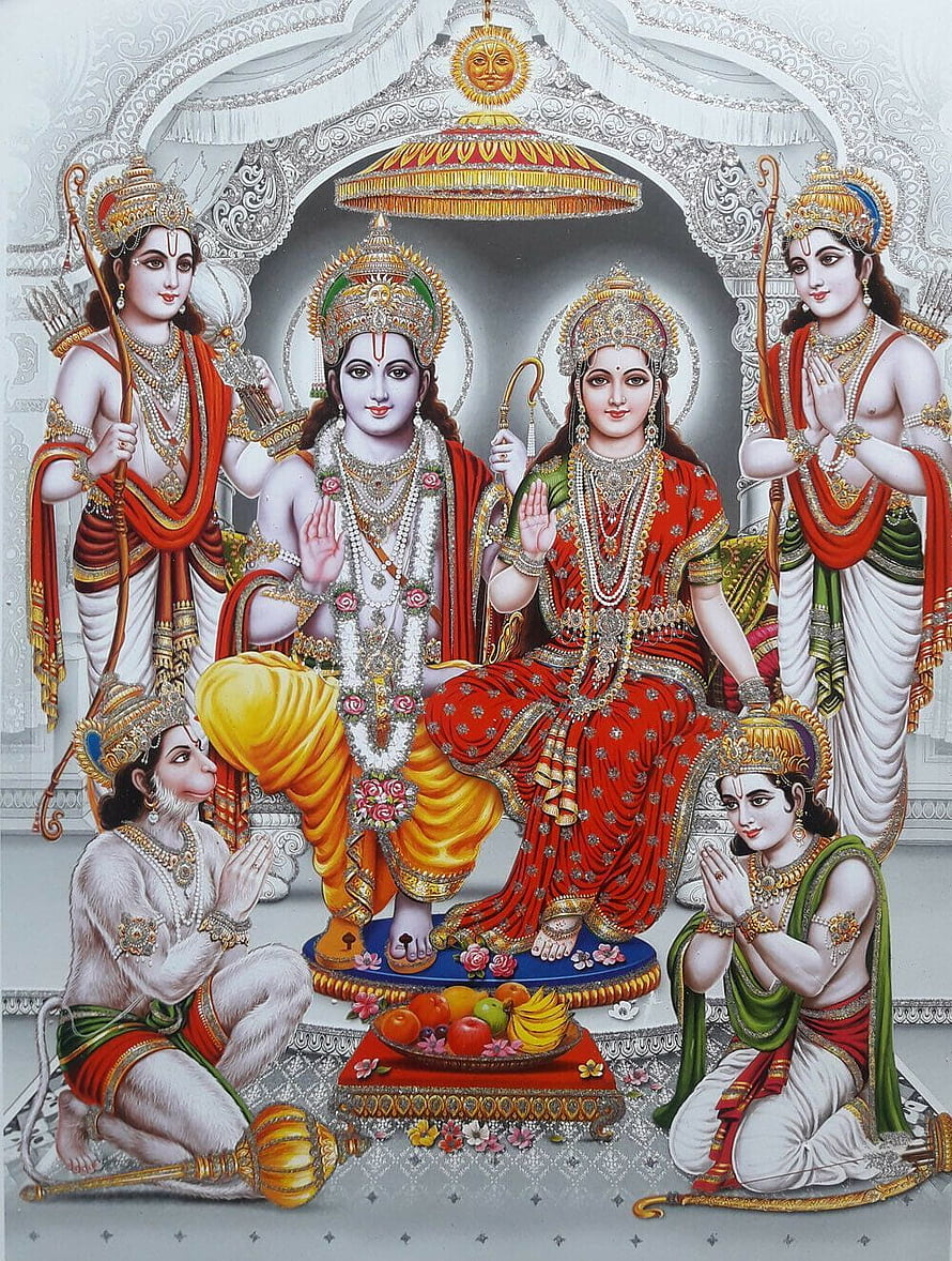 Ram Darbar with Lakshman, Sita, Hanuman, and Bharat in Traditional Indian Art HD phone wallpaper