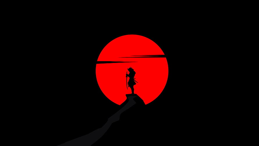 Samurai Silhouette Against Red Sun Minimalist Dark Art Wallpaper HD wallpaper