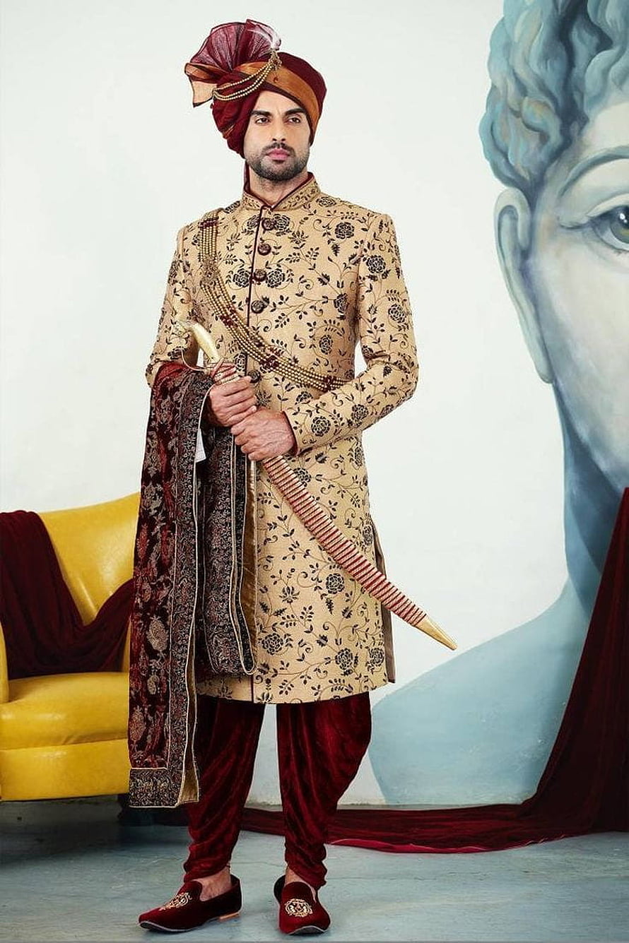 Elegant Indian Groom in Gold Embroidered Sherwani with Maroon Turban and Traditional Attire HD phone wallpaper