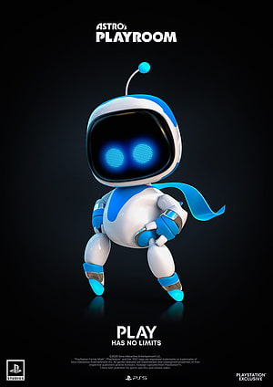Astro's Playroom Robot Character Poster with Blue Eyes and Cape on Black Background HD phone wallpaper