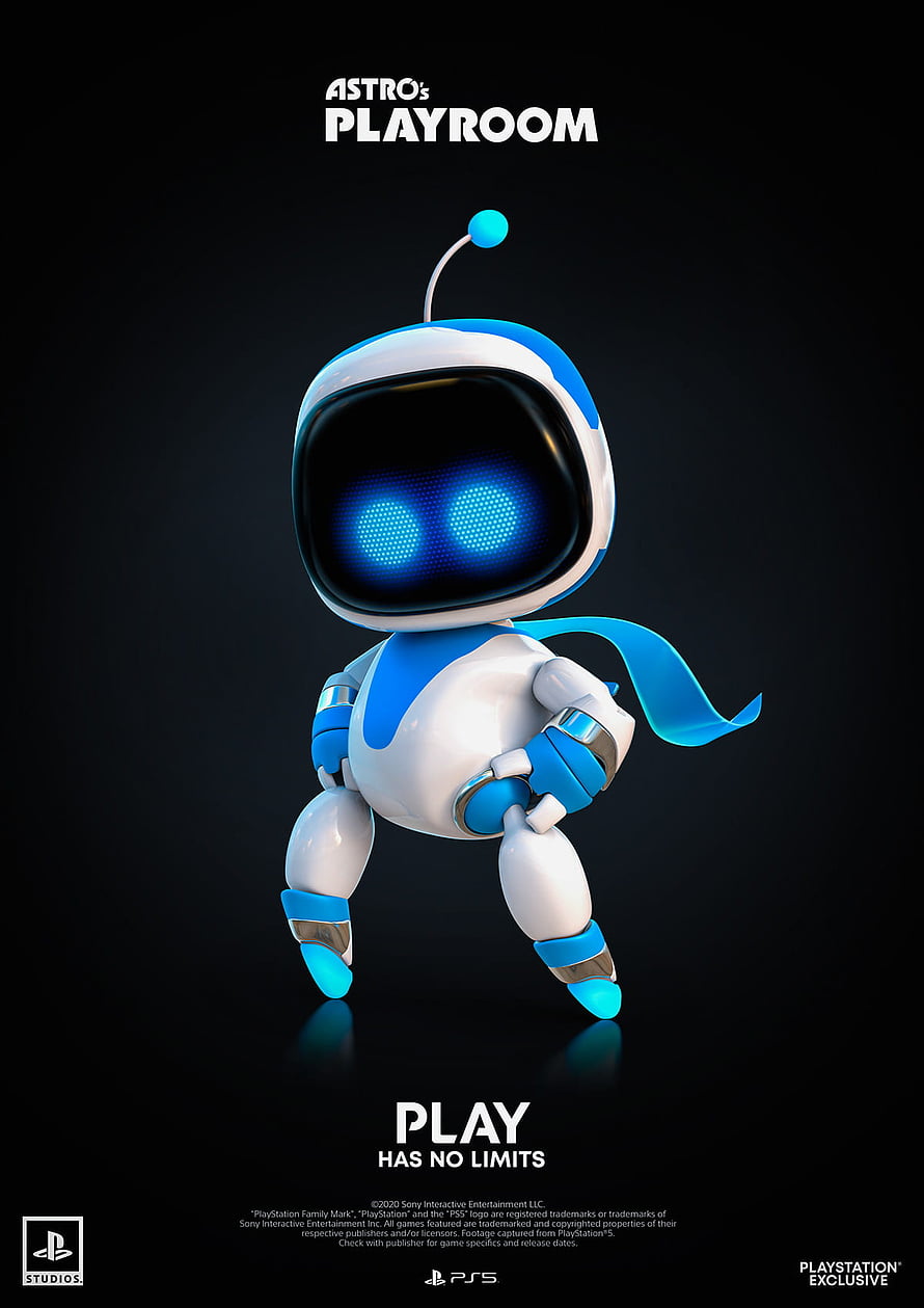 Astro's Playroom Robot Character Poster with Blue Eyes and Cape on Black Background HD phone wallpaper