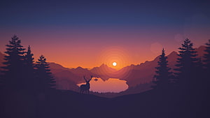 Stylized Deer Silhouette at Sunset Over Mountain Lake and Pine Forest HD wallpaper