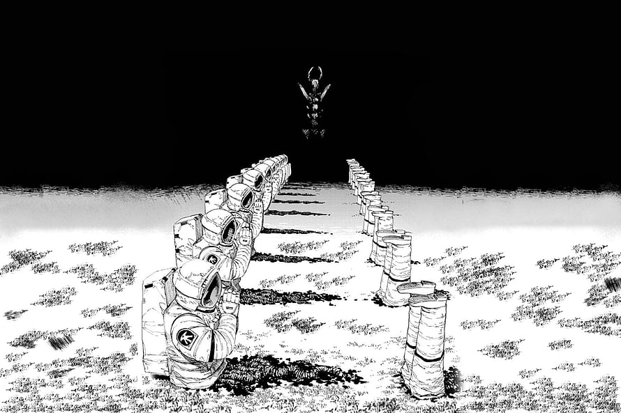 Chainsaw Man Darkness Devil Scene with Rows of Kneeling Figures in Black and White Manga Art HD wallpaper