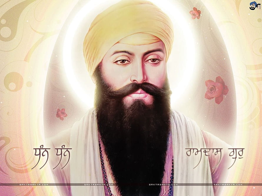 Guru Ram Das Portrait with Golden Turban and Halo in Devotional Art HD wallpaper