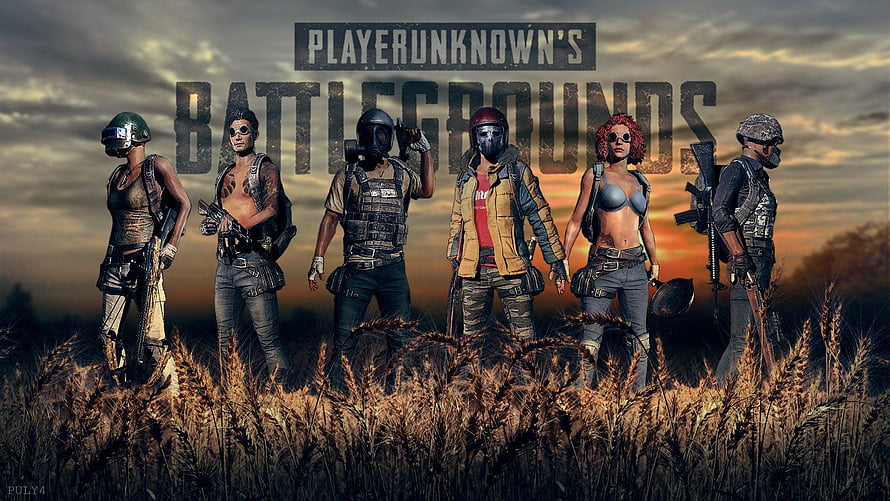 PlayerUnknown's Battlegrounds Squad Standing in Golden Wheat Field at Sunset HD wallpaper