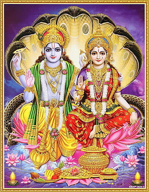 Lord Vishnu and Goddess Lakshmi Seated on Lotus with Serpent Canopy and Golden Offerings HD phone wallpaper