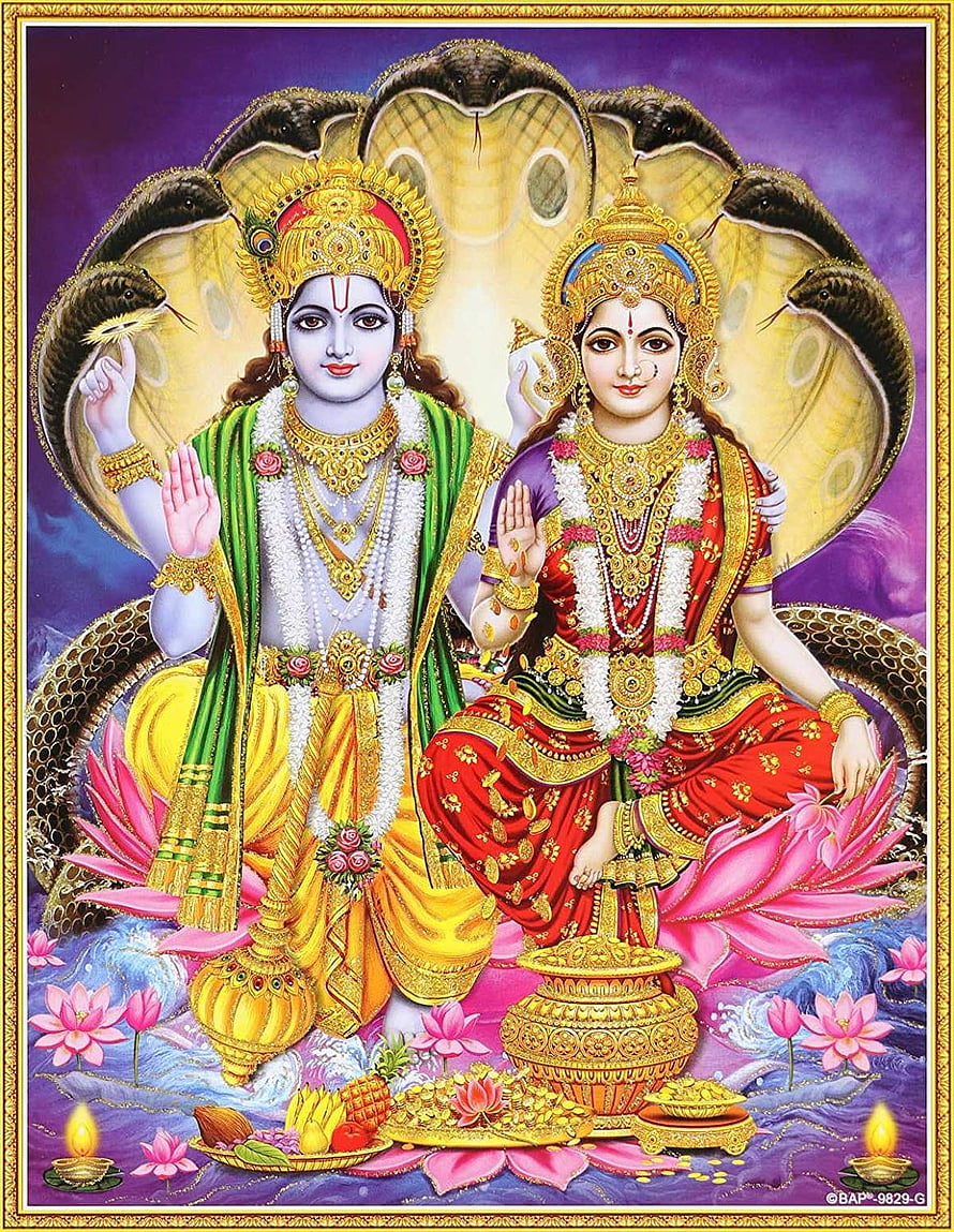 Lord Vishnu and Goddess Lakshmi Seated on Lotus with Serpent Canopy and Golden Offerings HD phone wallpaper